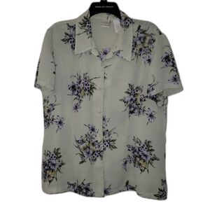 Emma James Liz Claiborne Womens Size XL Button Down Blouse Floral Light Green